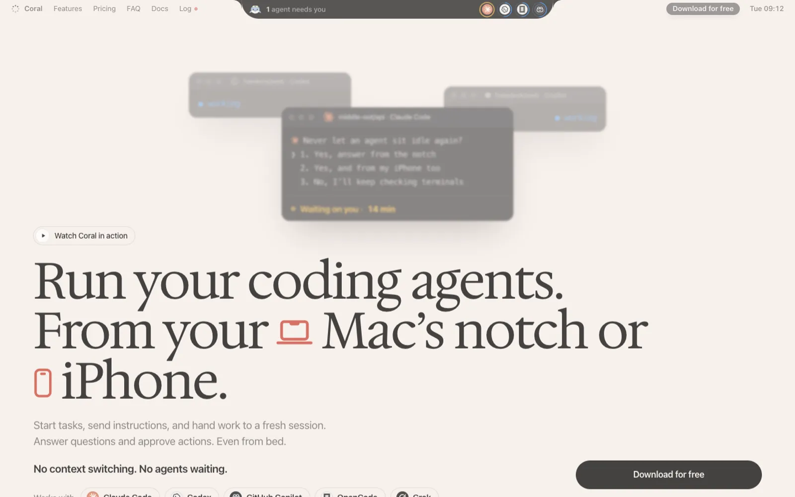 The usecoral.app home page: run your coding agents from your Mac's notch or iPhone